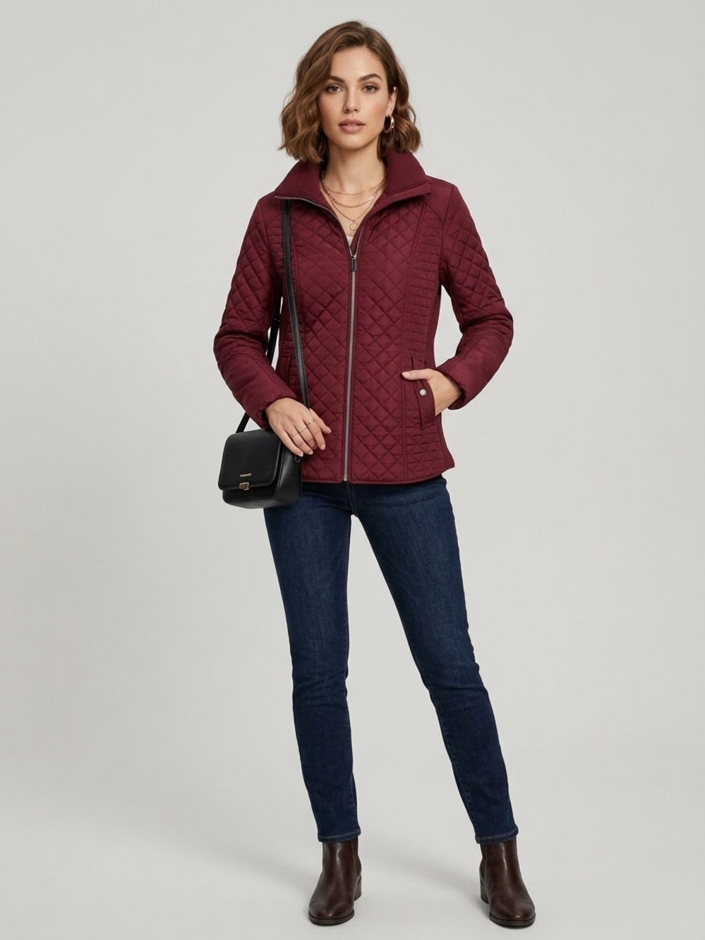 Gallery New York Women's Size L Burgundy Diamond Quilted Knit Side Panel Jacket
